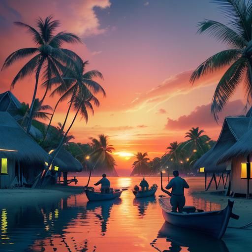 Tropical Island Sunset with Fishermen: Photorealistic 8K