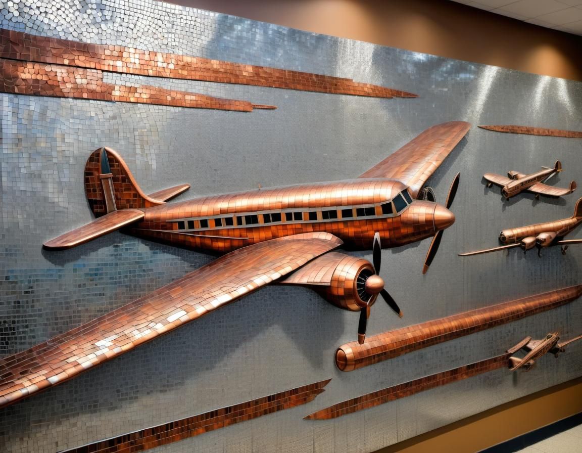1930s Airport Metal Mosaic Mural