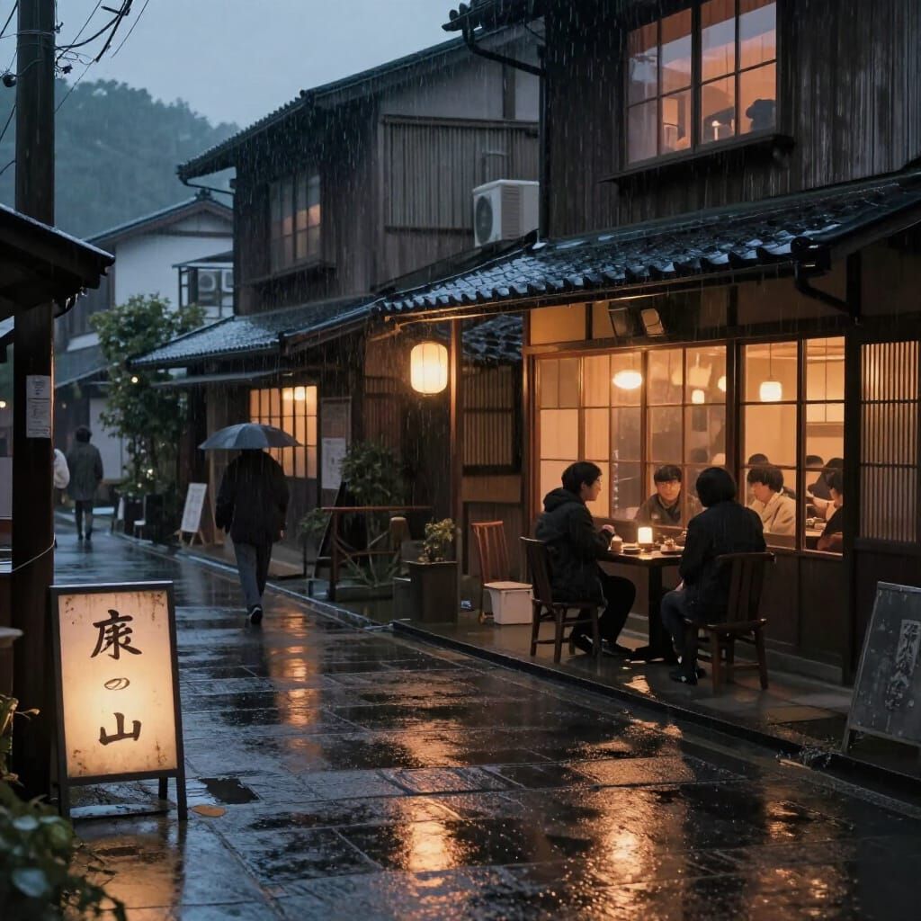 Vintage Japanese Village at Dusk with Warm Glow and Rain