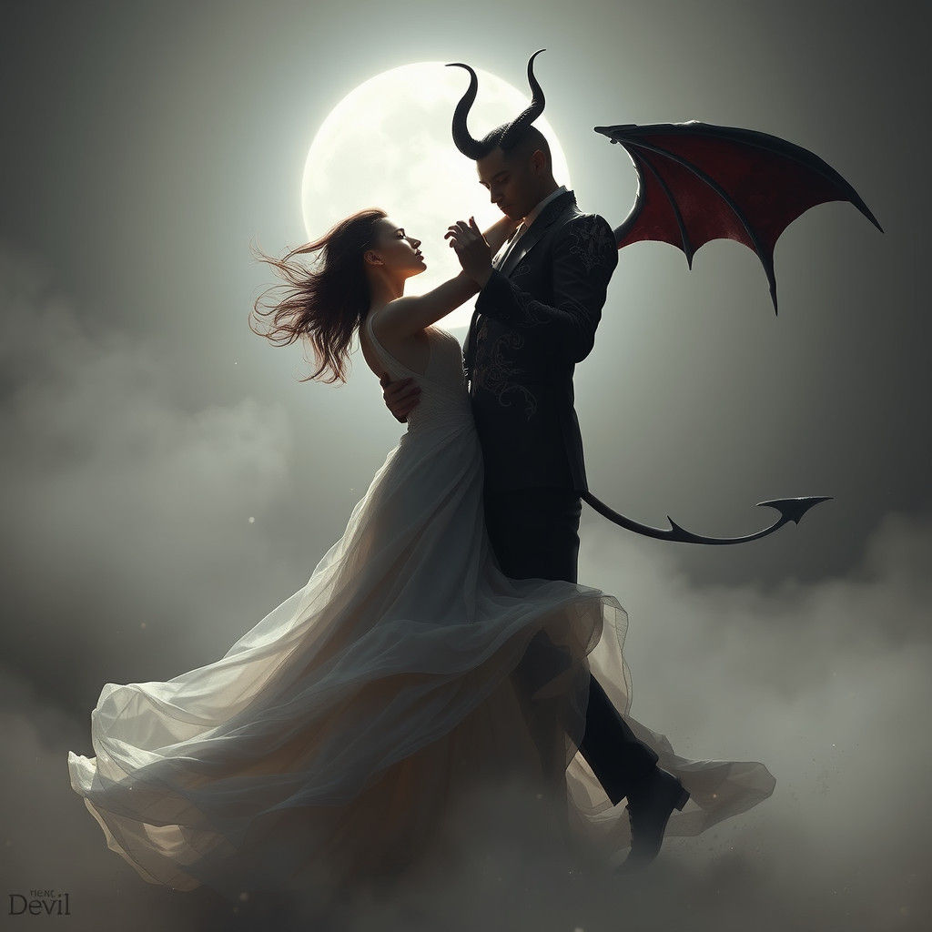 Ethereal Woman Dancing with Devil in Moonlight