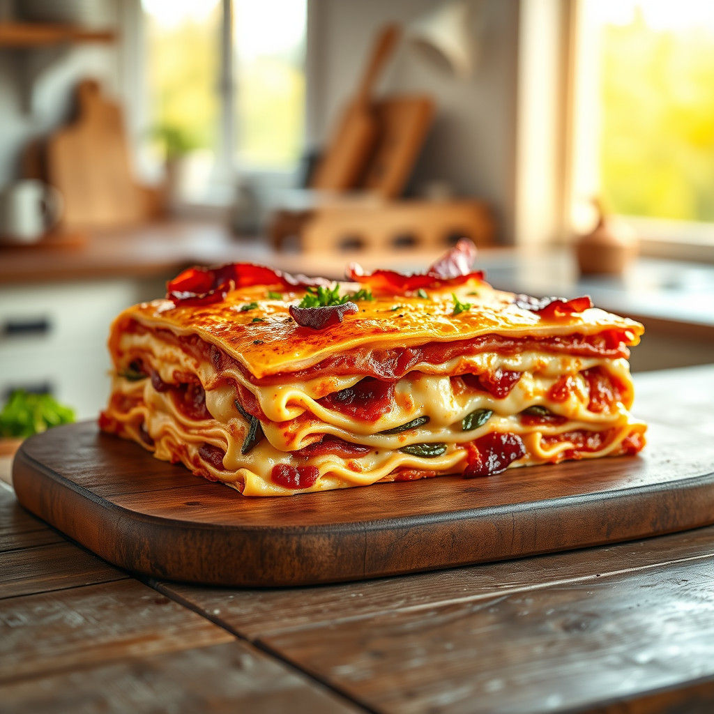 Four-Cheese Lasagna with Bacon in Golden Light
