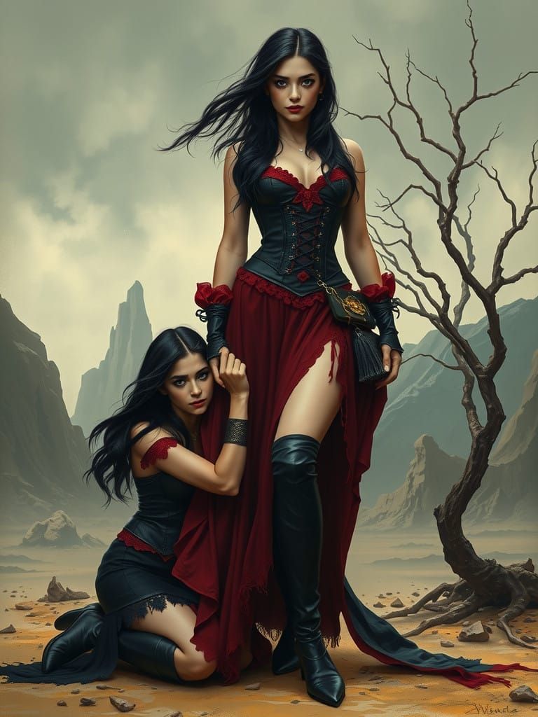 Mystical Dark Fantasy Sorceress in Leather Corset and Crimso...