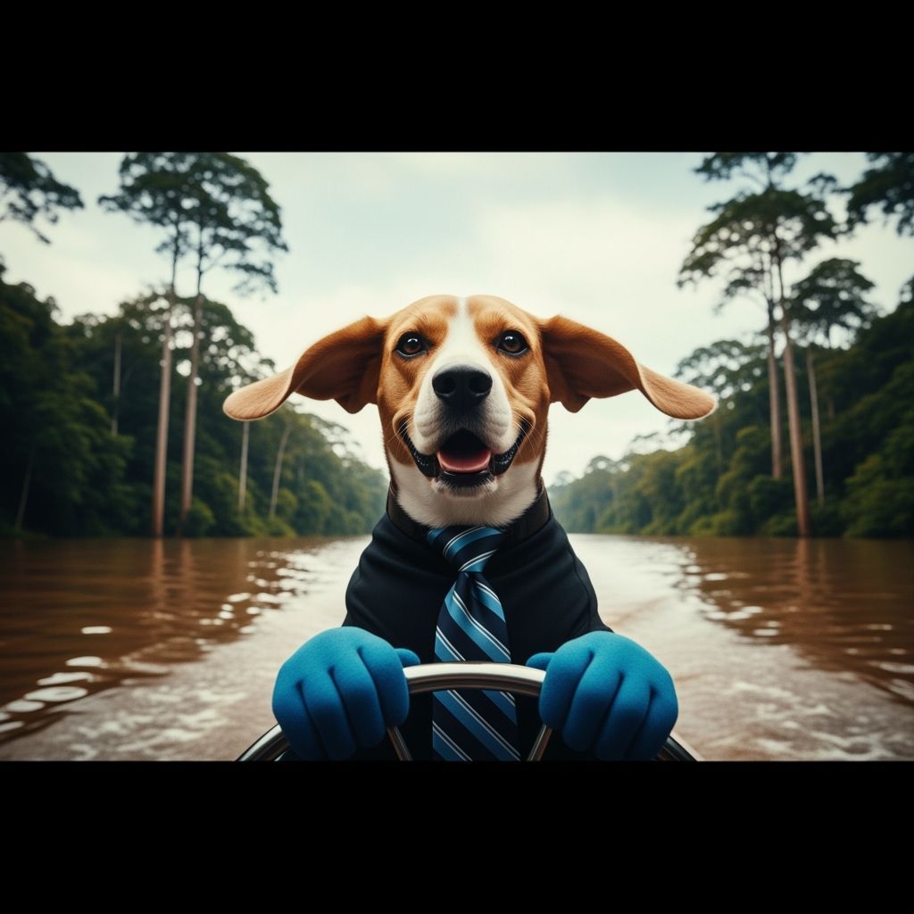 Beagle Dog Steers Boat in Cinematic Film Style