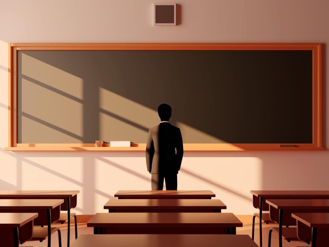 Figure in Softly Lit Classroom