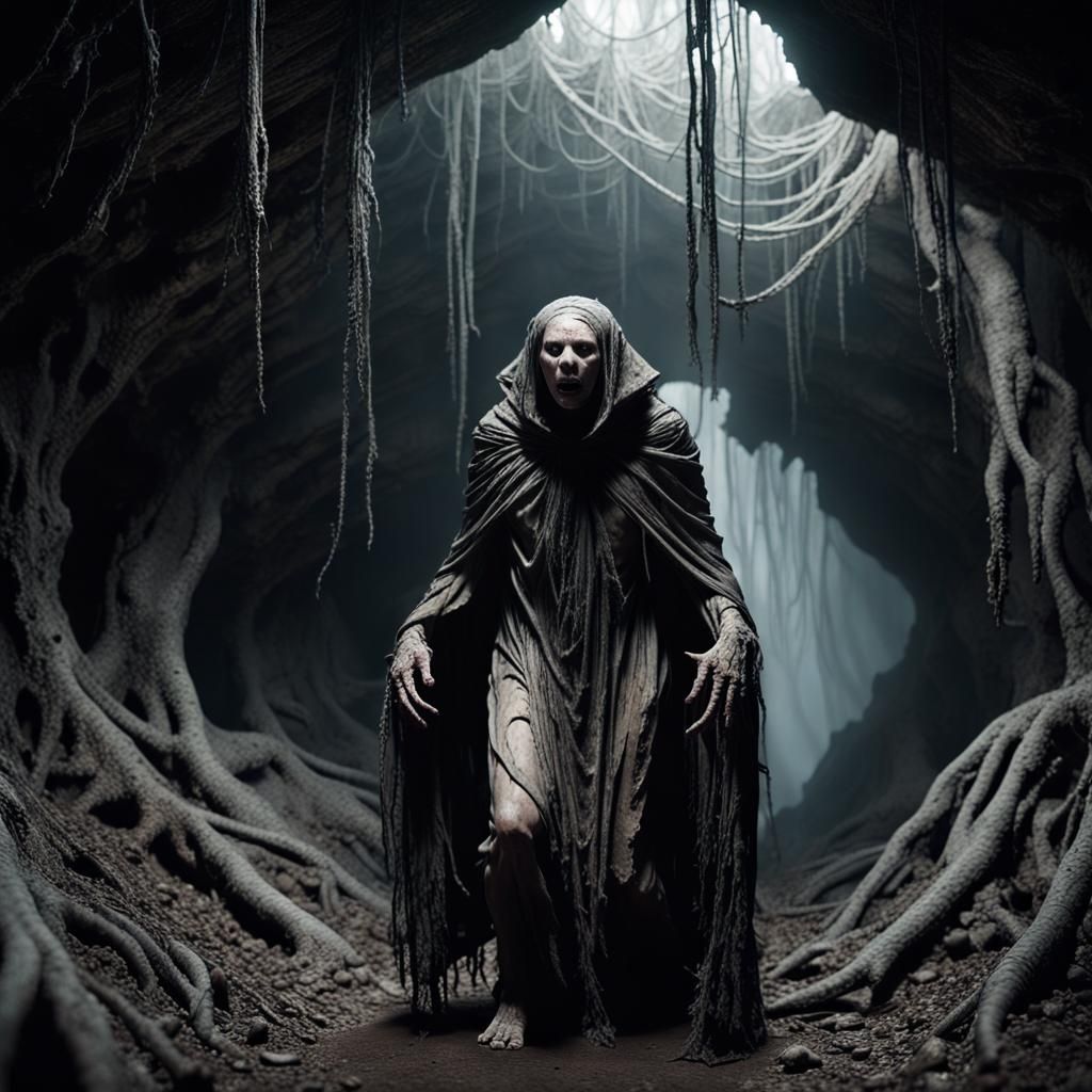 Mummified Vampire in Lovecraftian Stormy Cavern