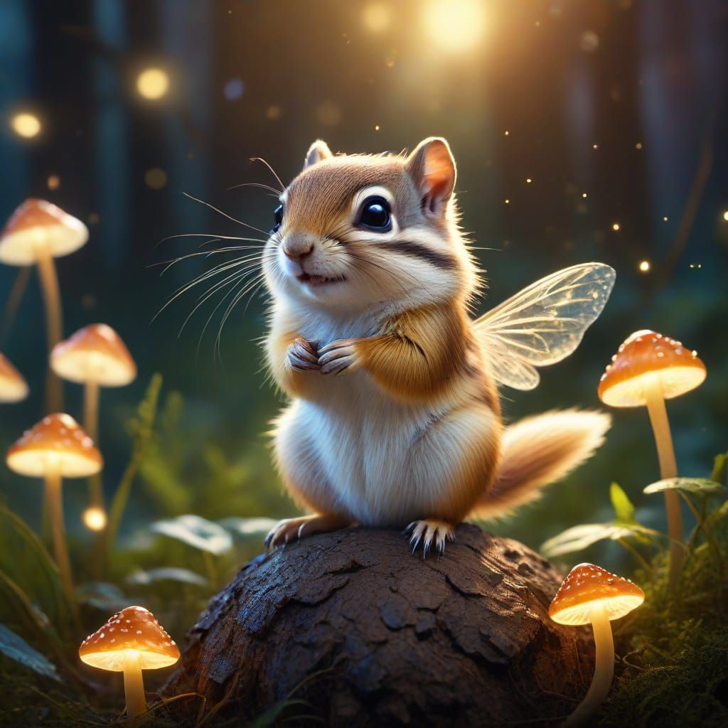 Whimsical Fairy-Chipmunk Sits on a Mushroom Amidst Glowing F...
