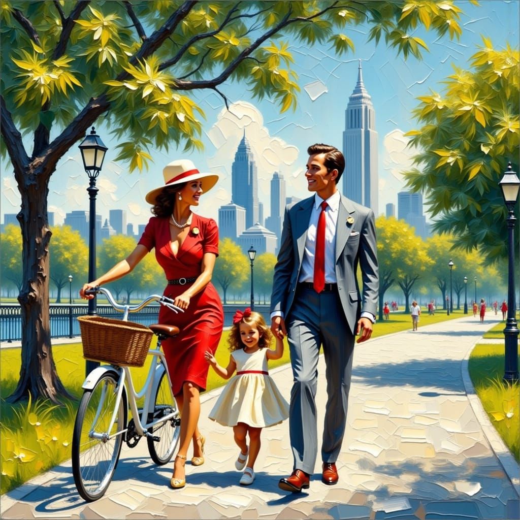 Family Stroll in Sunny City Park in Vintage Impasto Style