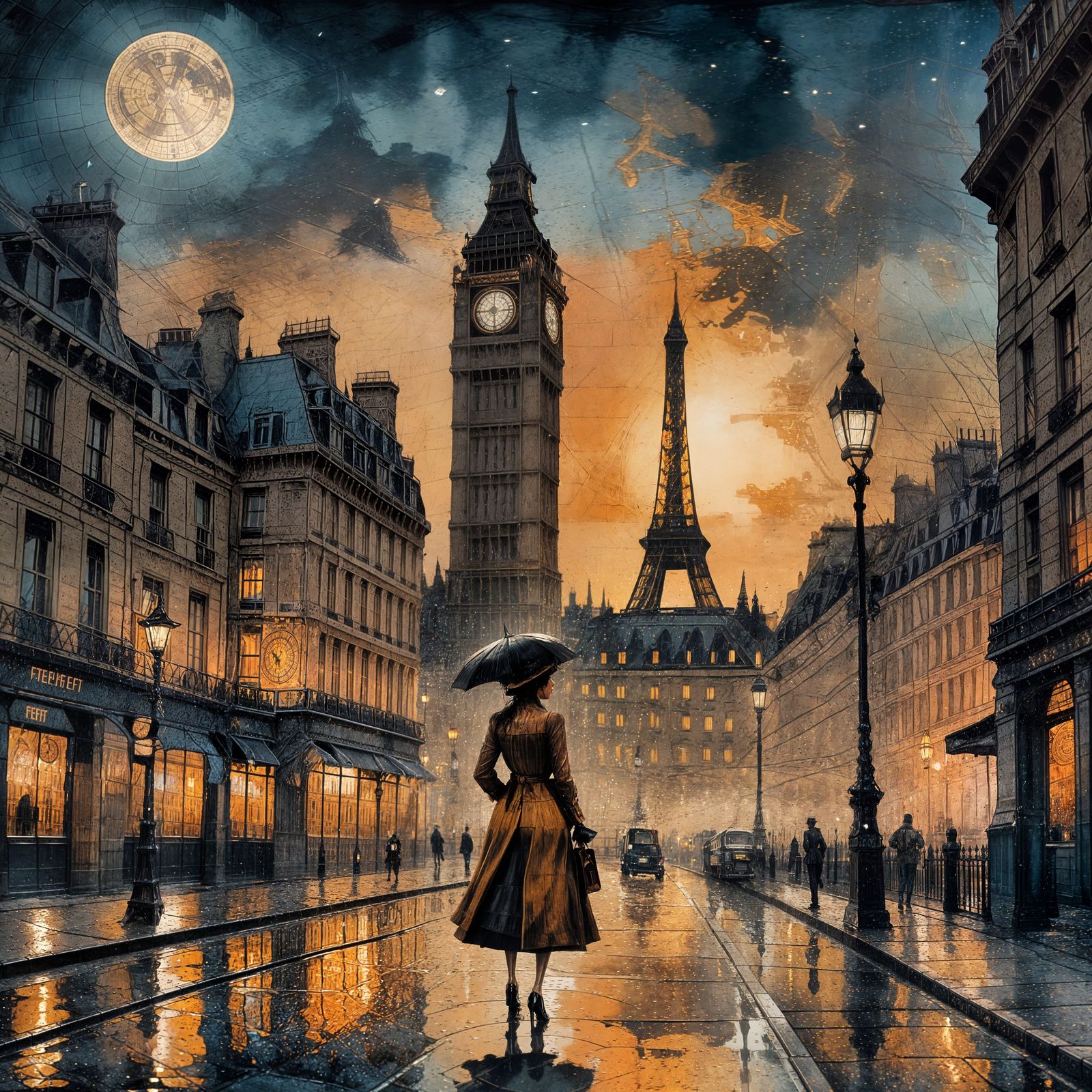 Victorian Steampunk Street Scene in Ink Wash Style