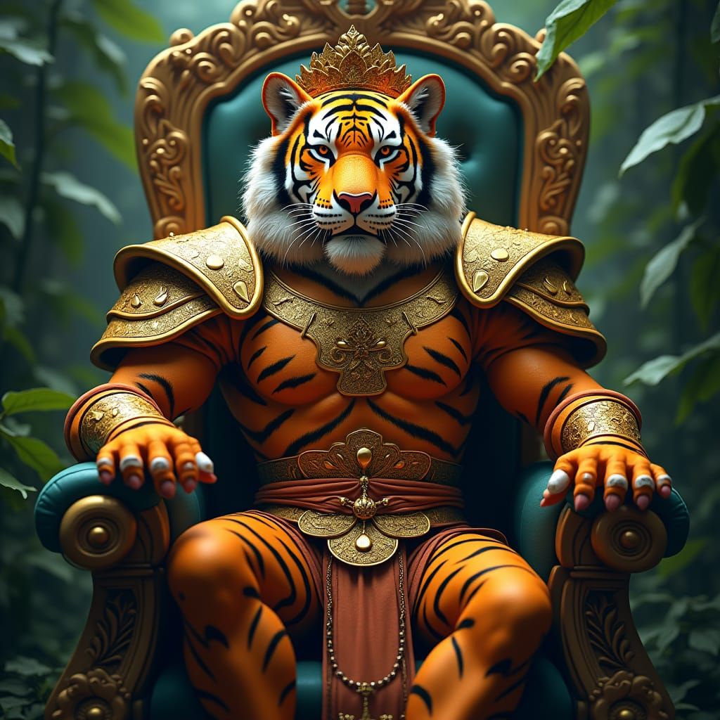 Humanoid Tiger King on Throne in Fantasy Matte Painting