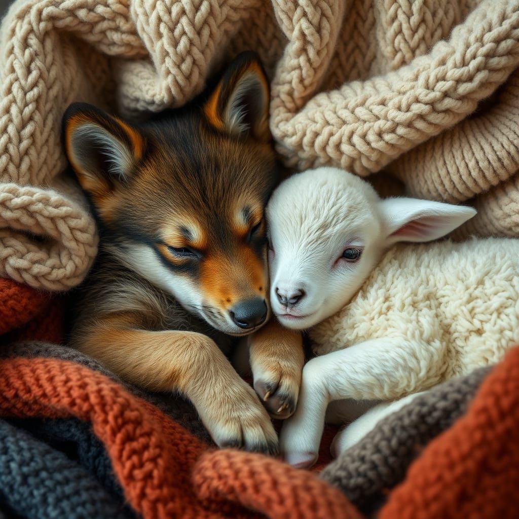 Wolf Cub and Lamb Sleeping Together