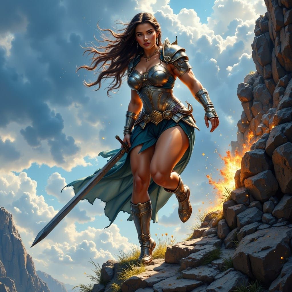 Muscular Warrior Woman on Treacherous Mountain Path