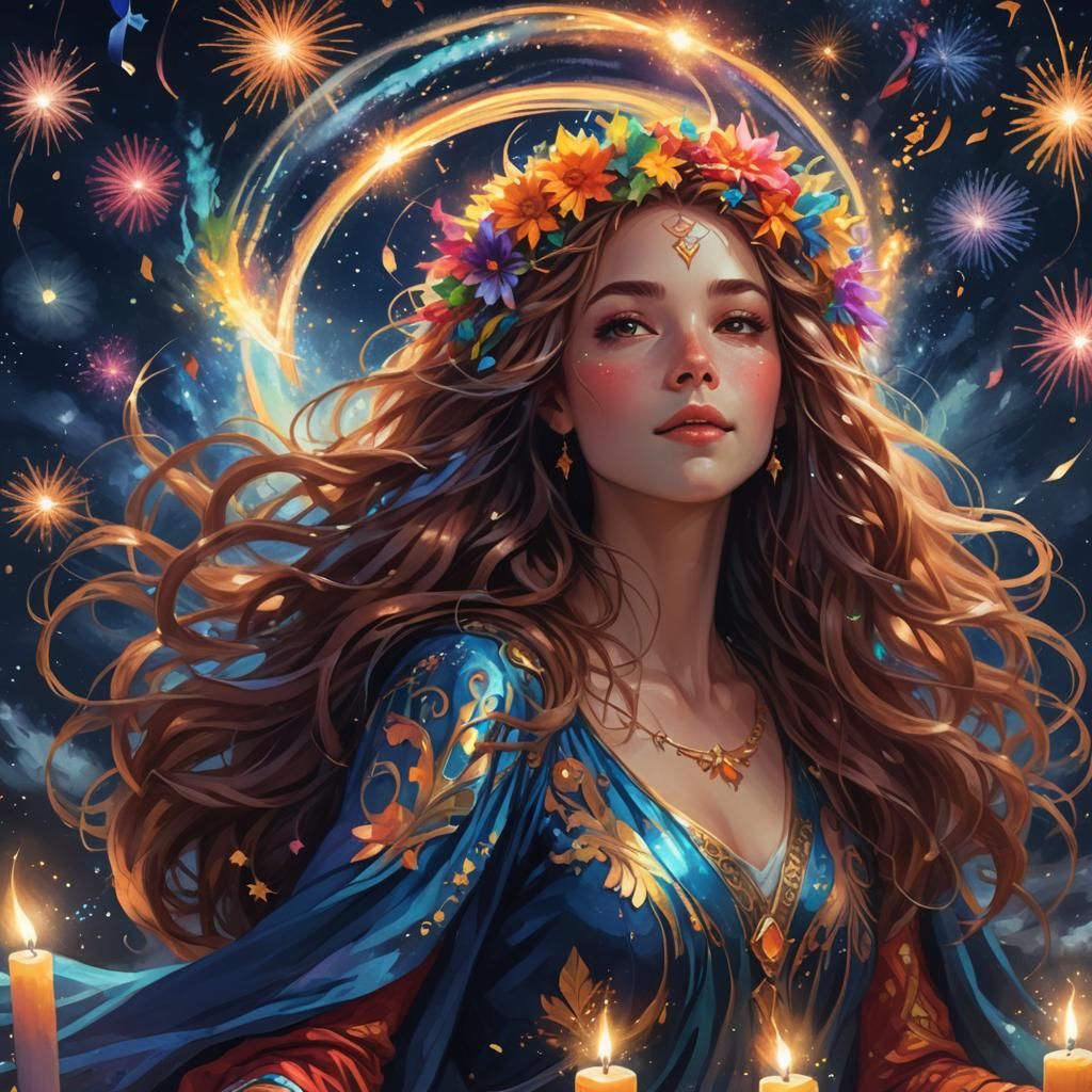Fantasy Portrait: Woman Celebrates Under Starry Sky