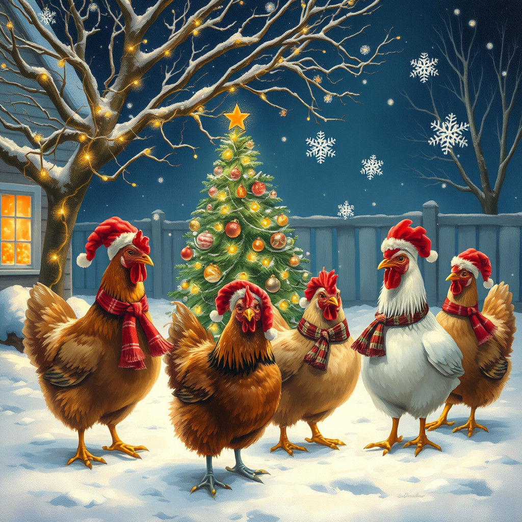 Whimsical Winter Chickens and Christmas Tree in Surreal Styl...