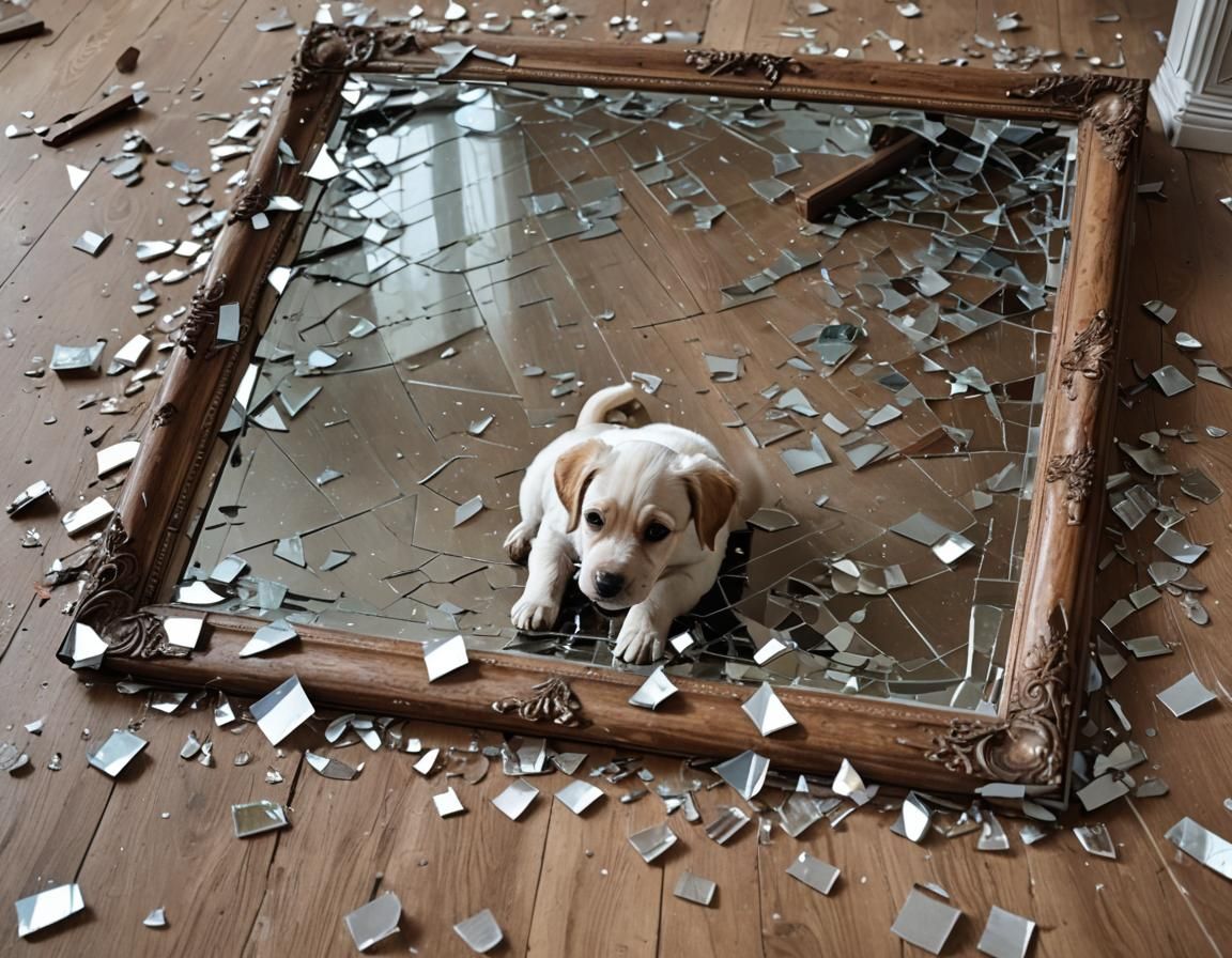 Shattered Mirror Reflects Puppy in Mansion