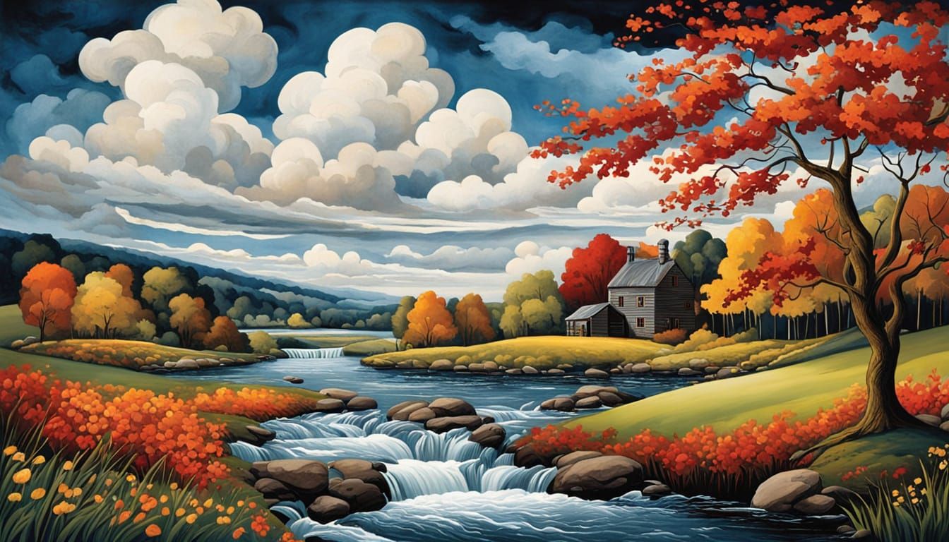 Vibrant Digital Watercolour of Swirling Riverside Scene