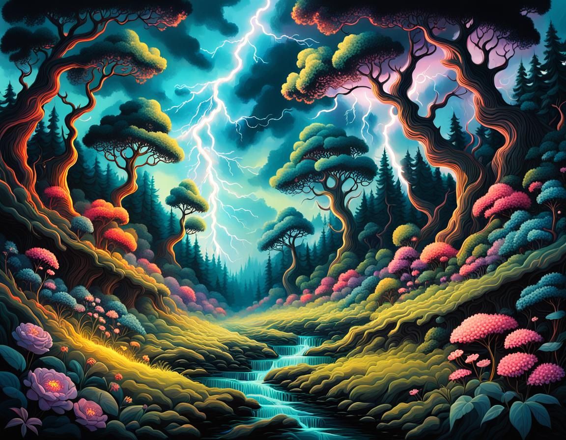 Psychedelic Forest Painting with Lightning and Fractals