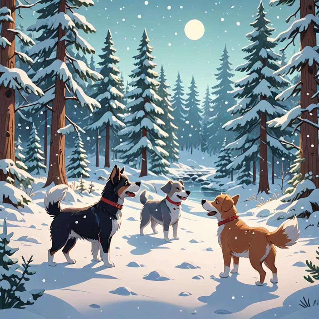 Cute Cartoon Dogs Play in Snowy Forest