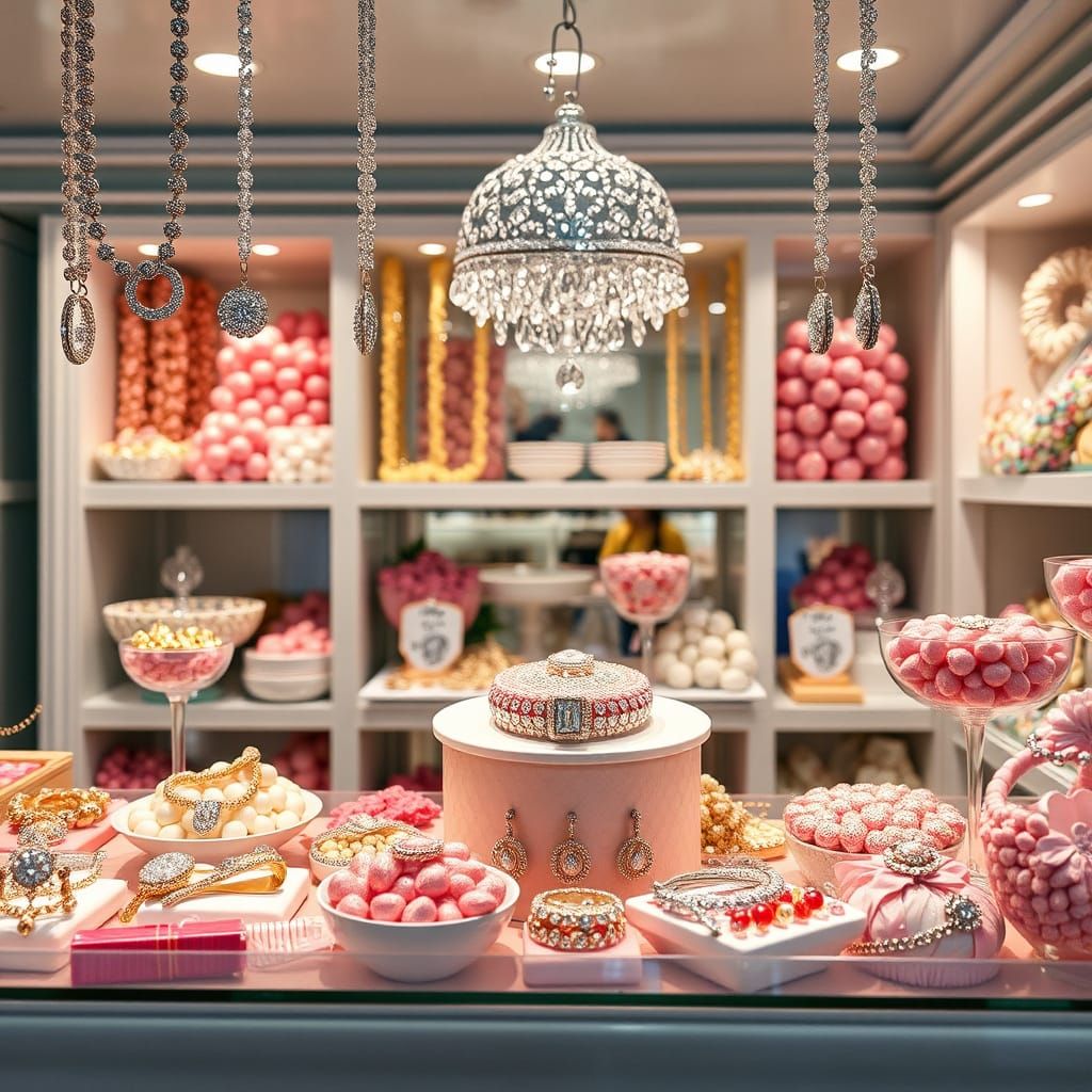 Glittering Jewelry Displayed in a Candy Shop