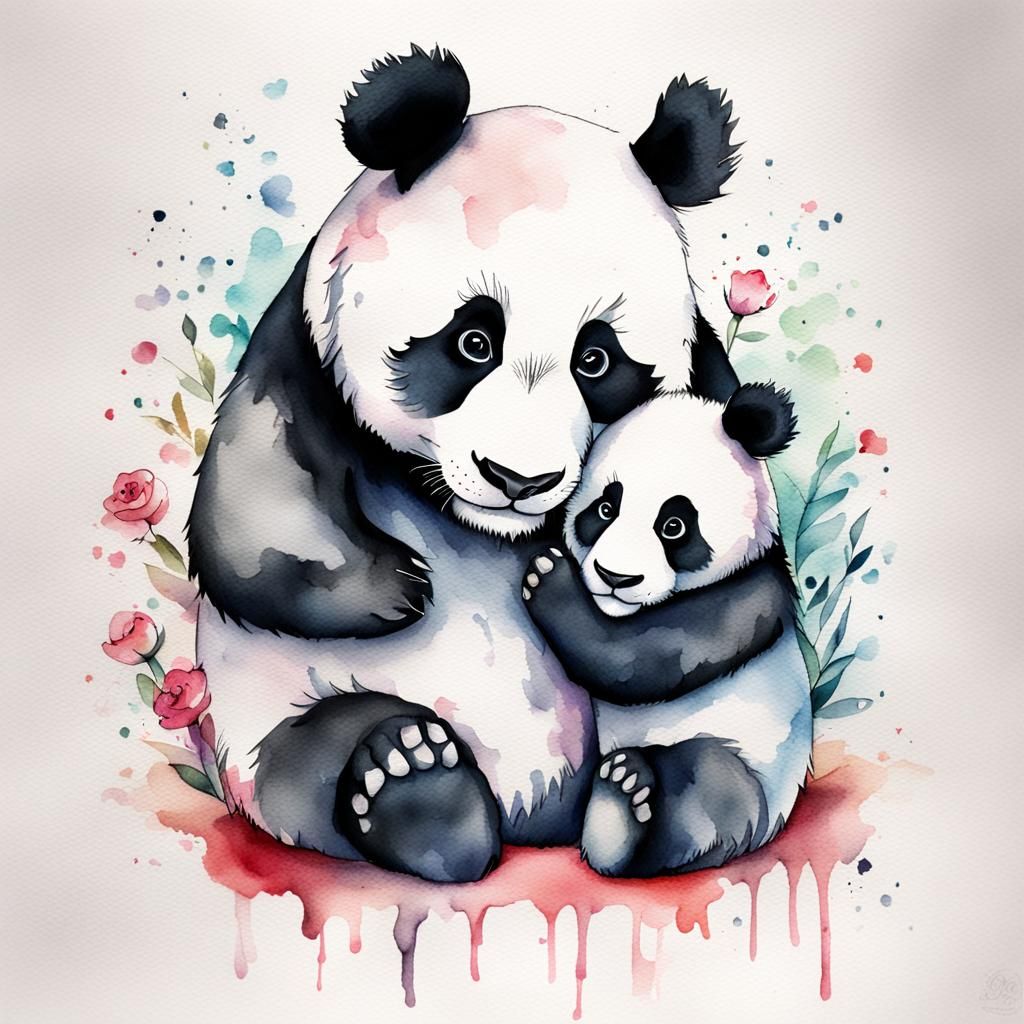 Baby Pandas Hugging Mom Tattoo Watercolor