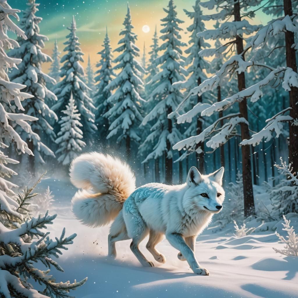 White Fox and Bunny Chase in Arctic Snow