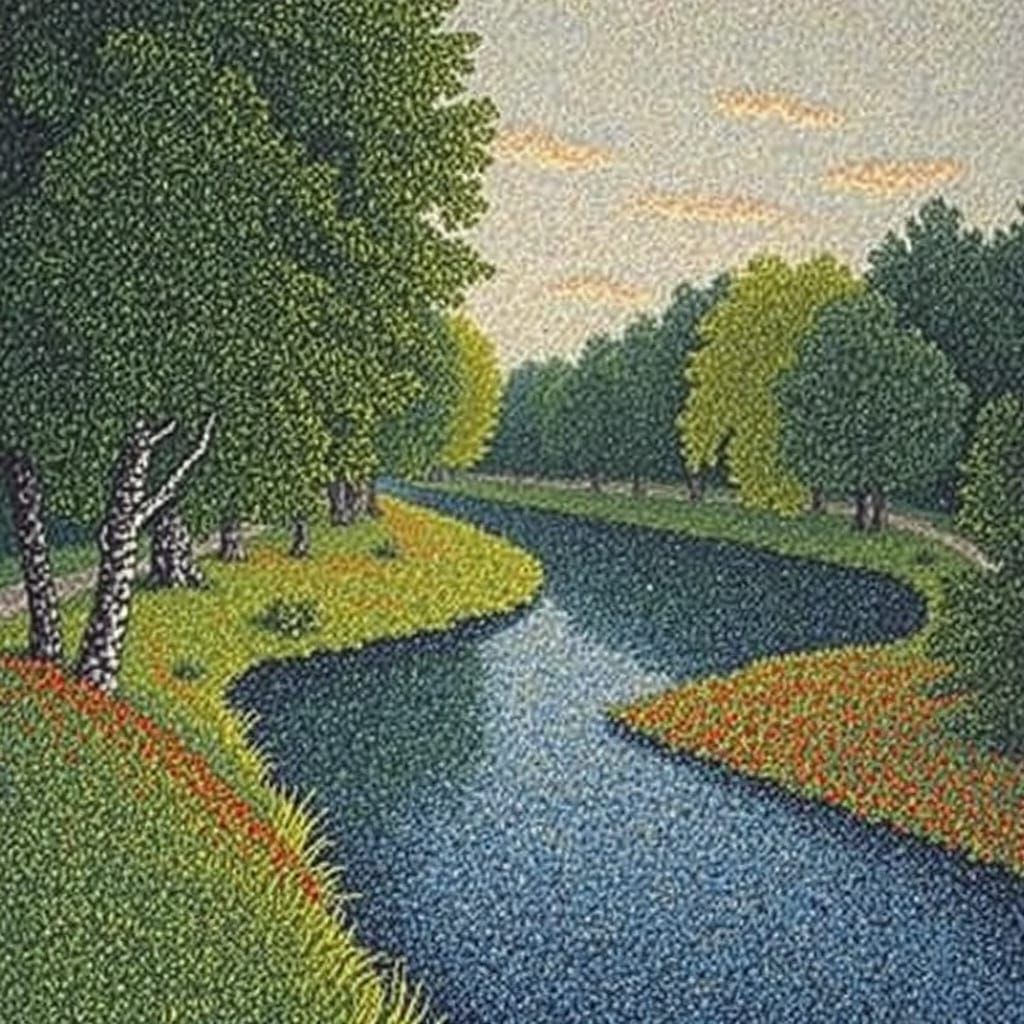 River Landscape in Pointillist Style