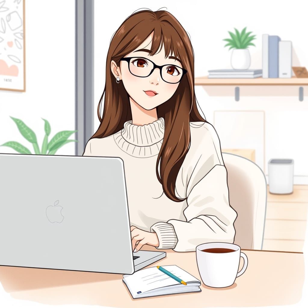 Young Woman Works in Cozy Office with Soft Pastel Colors