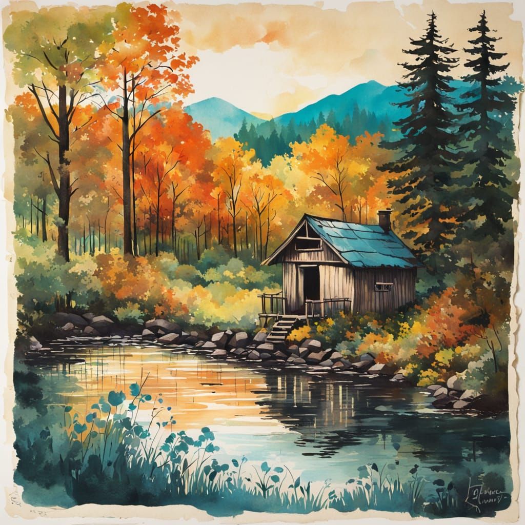 Autumn Hut Sunrise Ink Painting in Canadian Woods