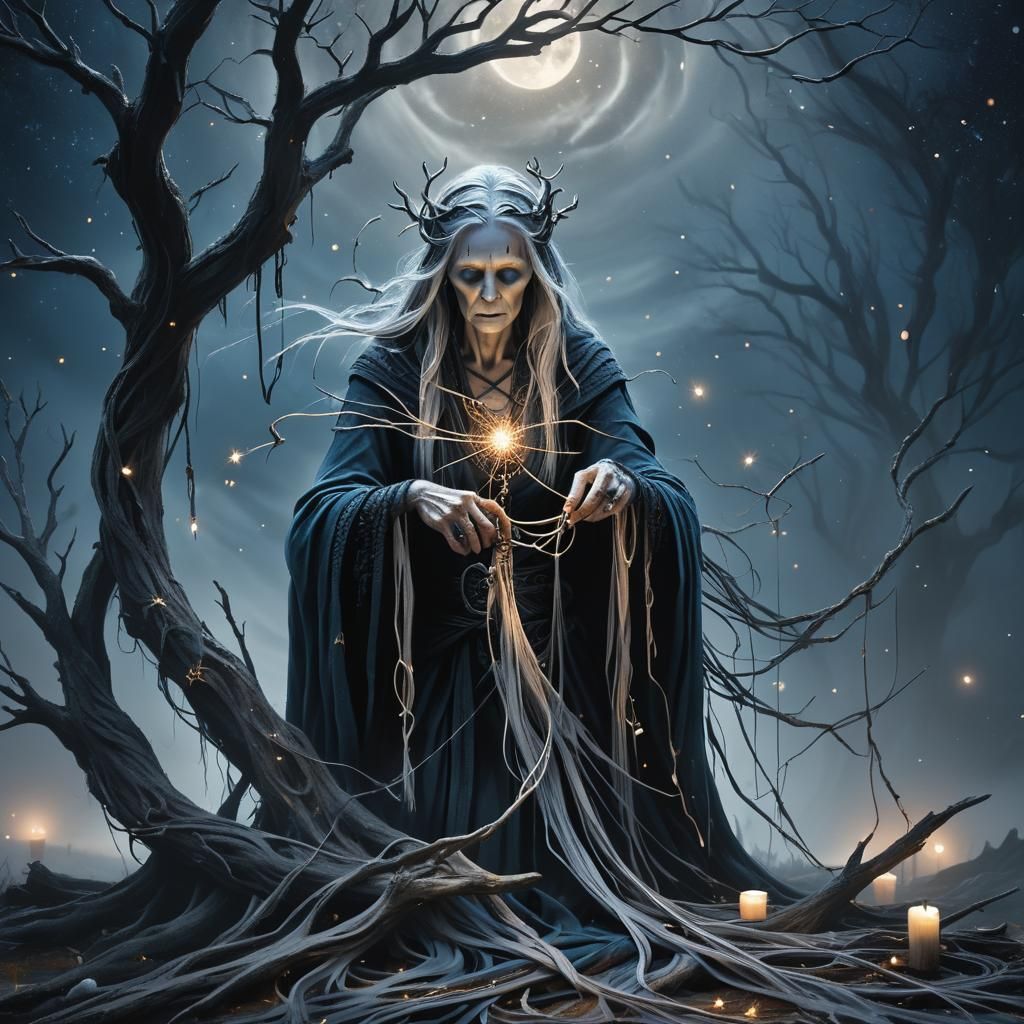 Mysterious Crone Weaving Fate Under Starry Sky