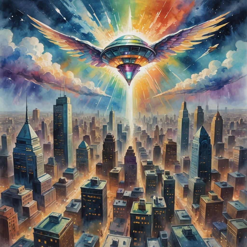 Extraterrestrial Prism Over City as Gouache Painting