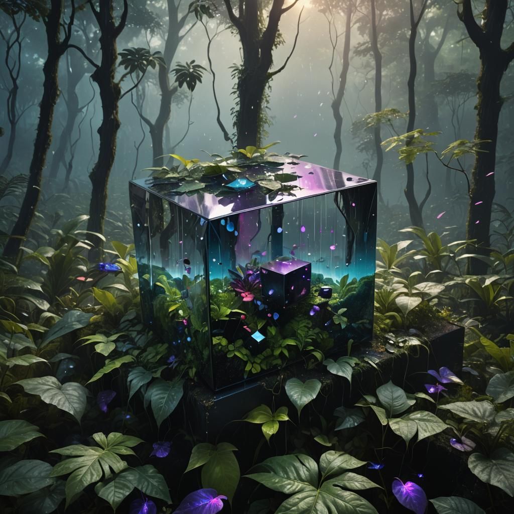 Floating Black Cube in Surrealist Rainforest