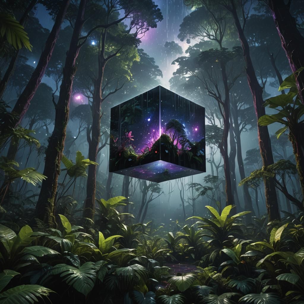 Reflective Black Cube in Lush Rainforest