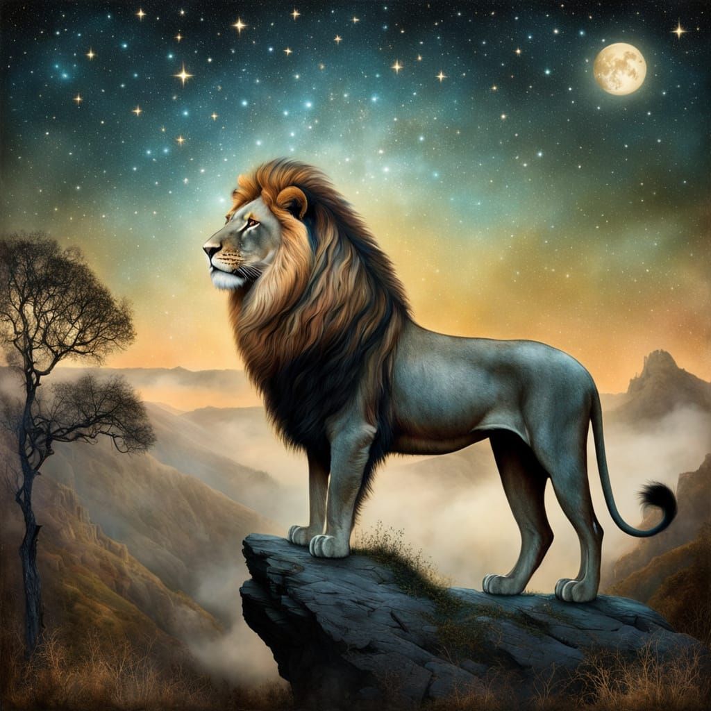 Whimsical Lion on Crescent Moonlit Cliffs
