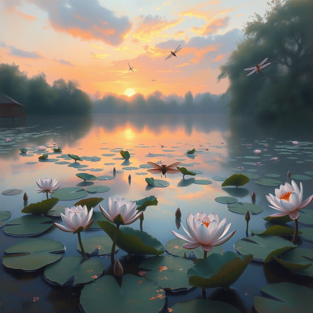 Twilight Lily Pond in Soft Impressionist Hues