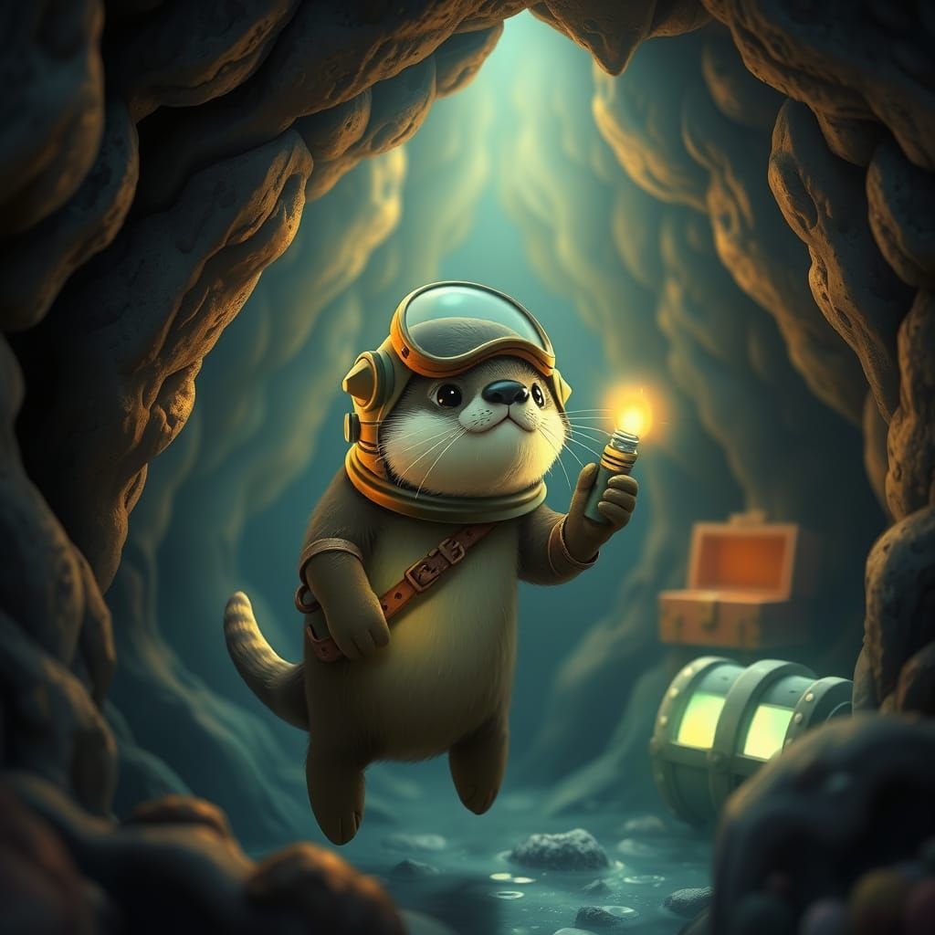 Steampunk Sea Otter Explorer in Underwater Cavern