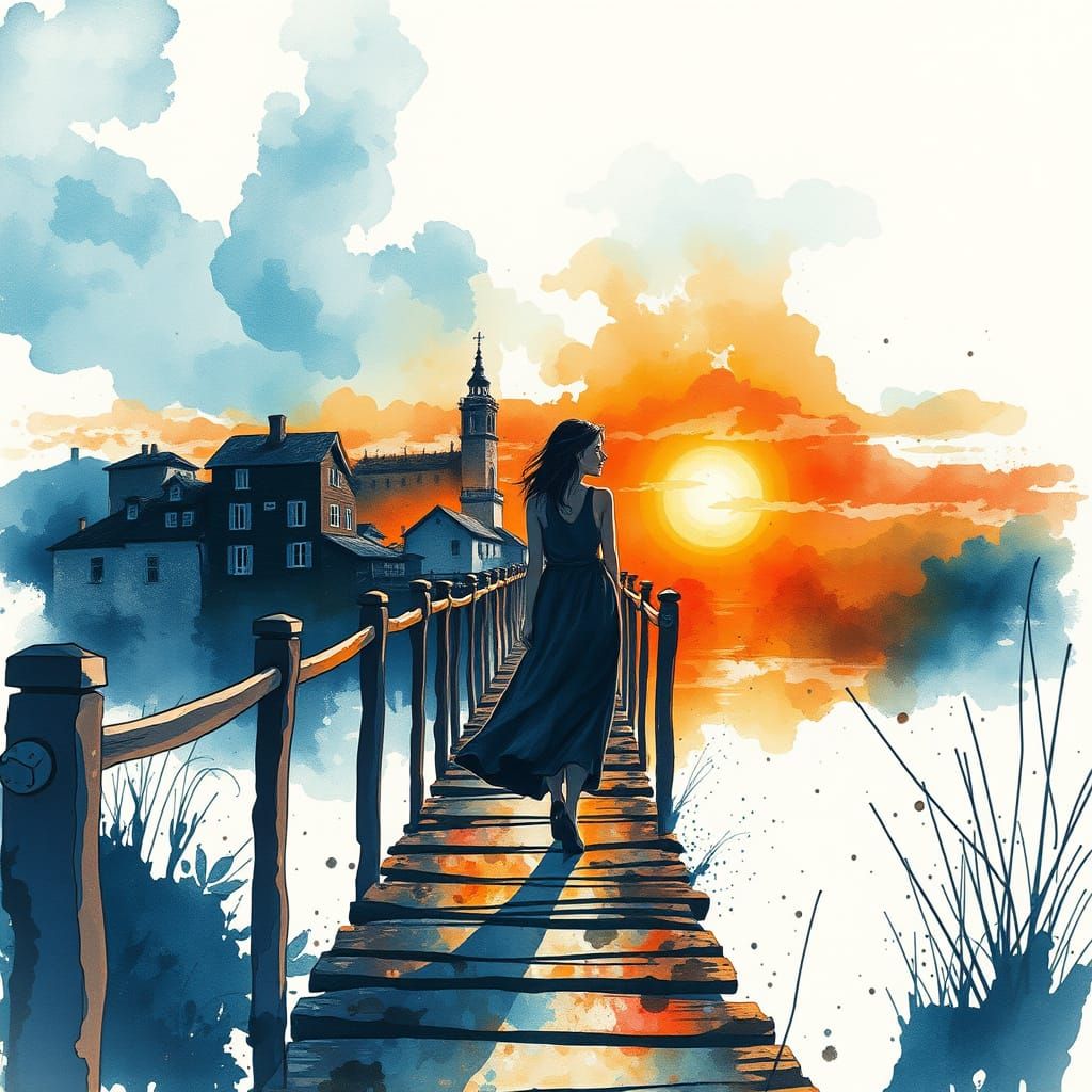 Ethereal Village Sunset with Delicate Watercolour Techniques