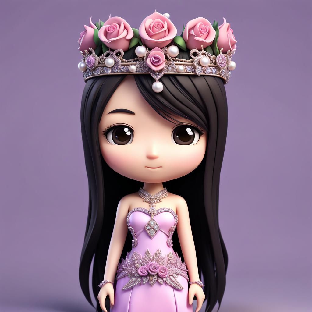 Chibi Asian Girl with Rose Crown: 3D Render