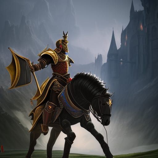 Ethereal Knight on White Horse Before Castle