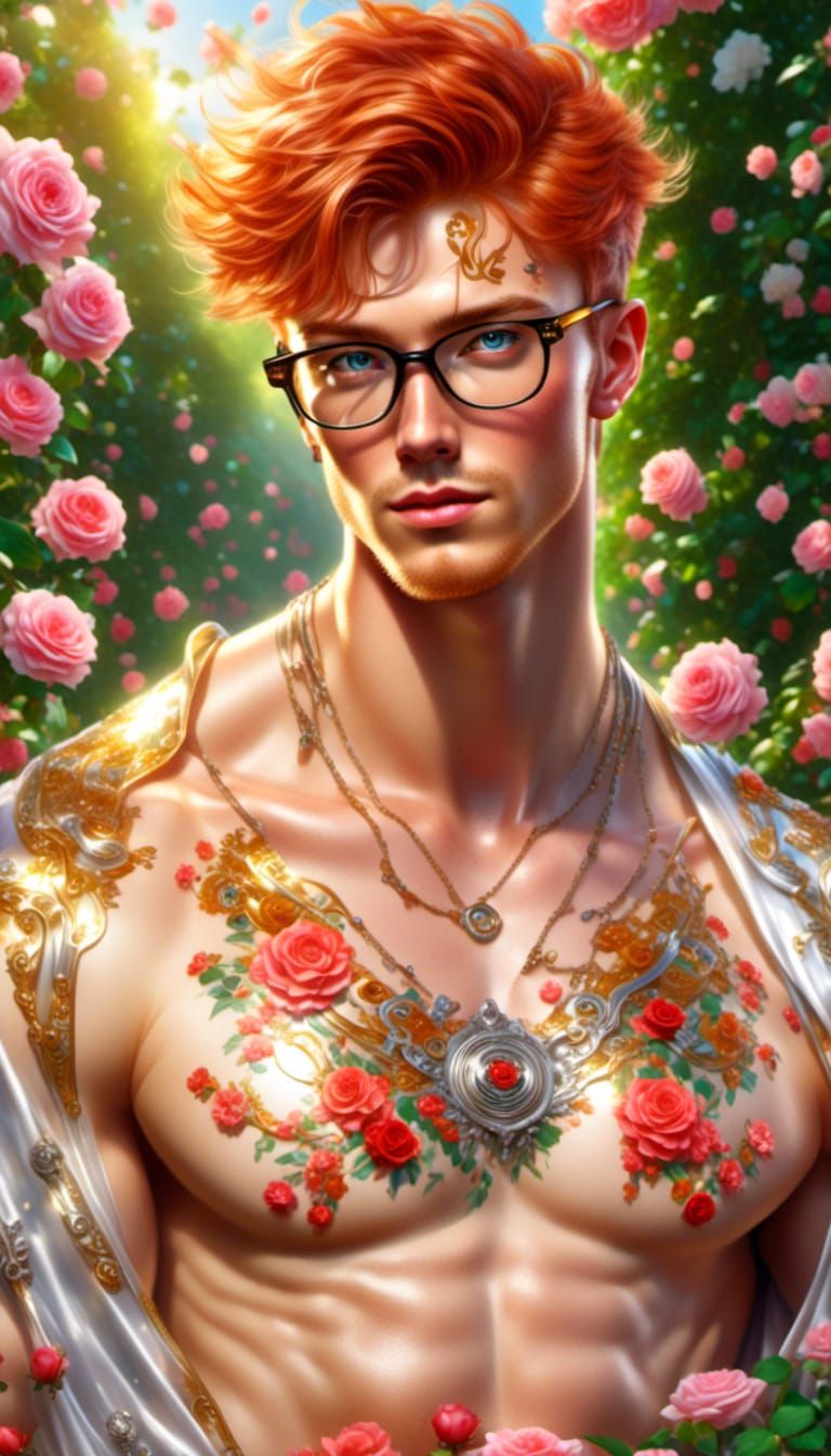 Hyperreal Redhead Hunk in Rose Garden