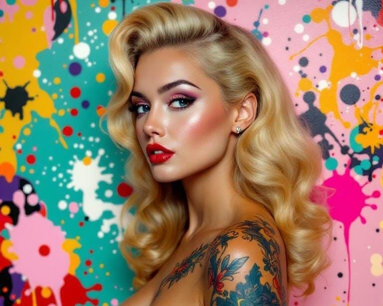 Pop Art Pin-Up with Butterfly Tattoo in Saturated Colors