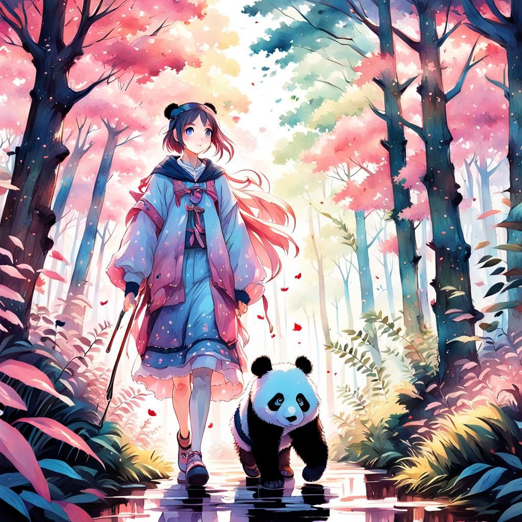 Girl and Panda in Pink Forest: Vibrant Anime Style