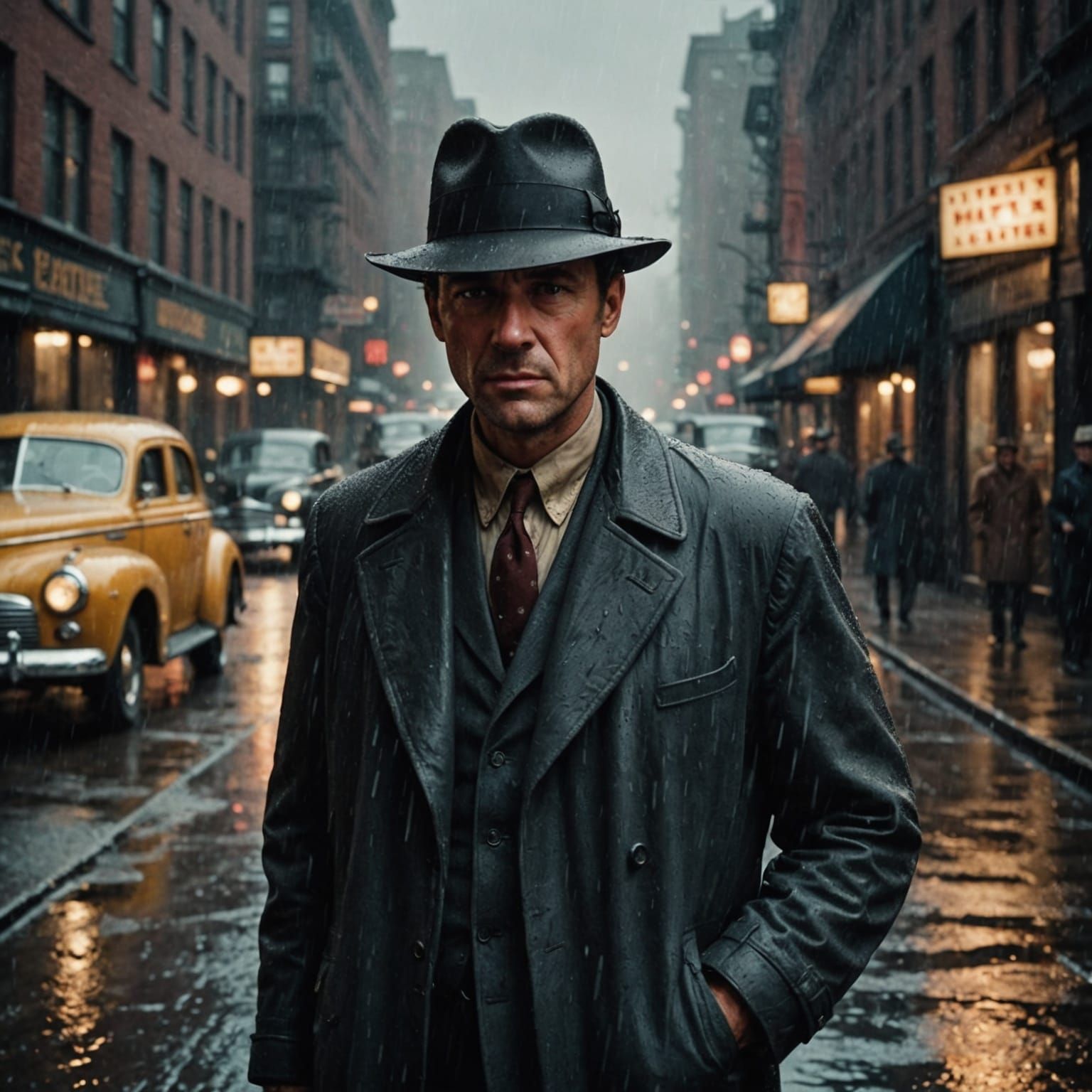 Gritty 1940s Detective in Rain-Soaked City Street