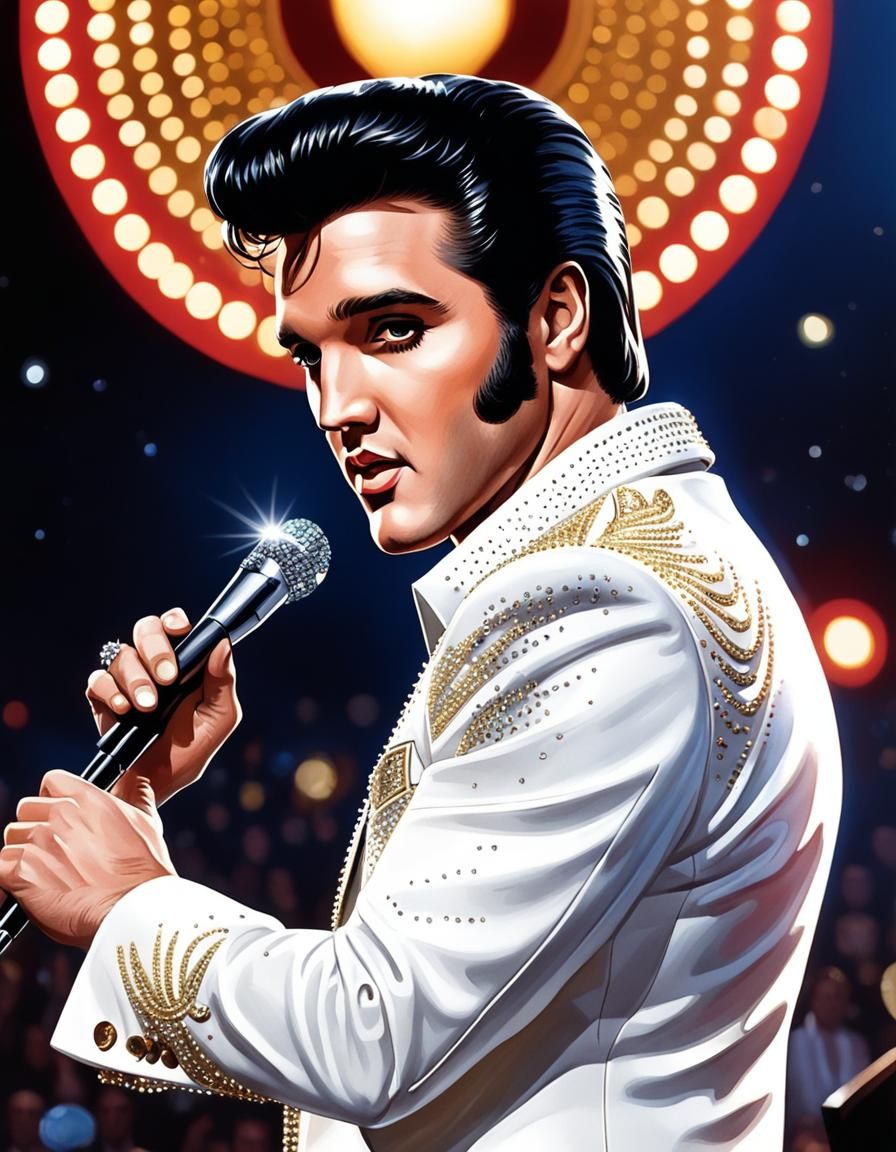 A close-up caricature cartoon :: young Elvis Presley on a Las Vegas stage :: White jacket with rhinestones