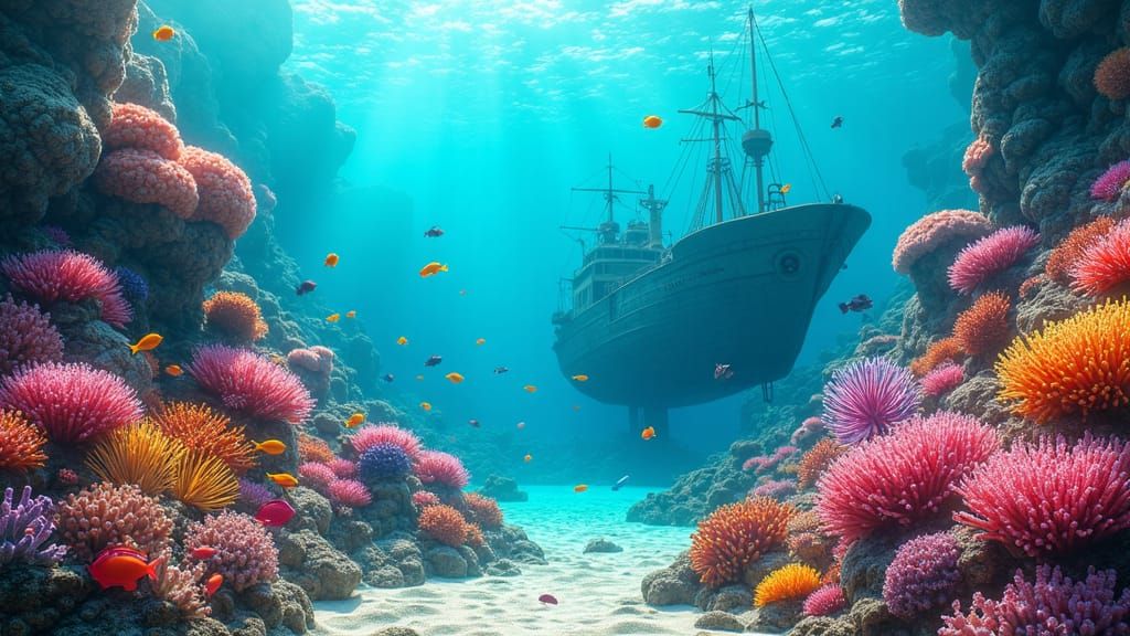 Underwater Coral Reef with Sunken Ship, Detailed Matte Paint...