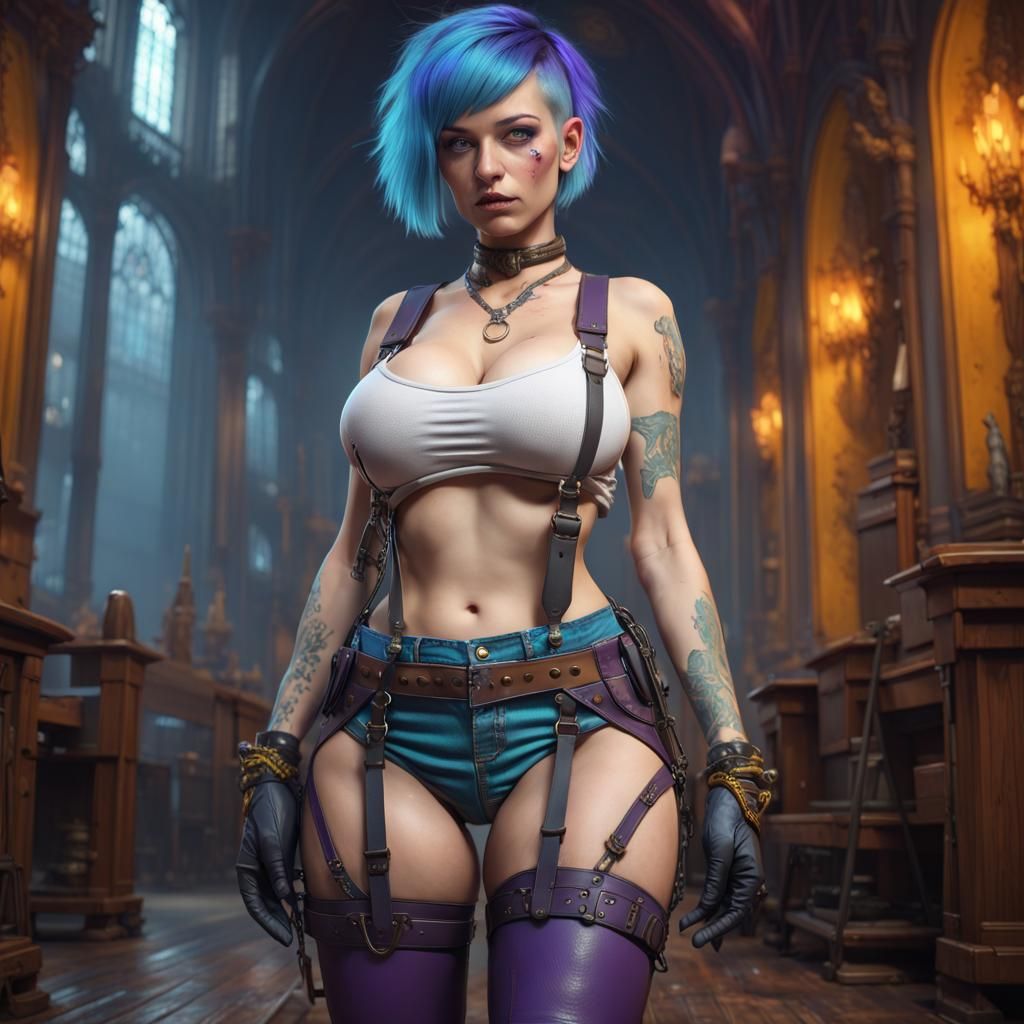Blue-Haired Skinhead Girl: Dark Fantasy Concept Art