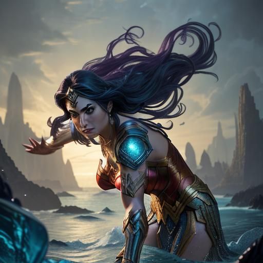 Grape Duck Battles Cuthulu in Atlantis, Digital Art