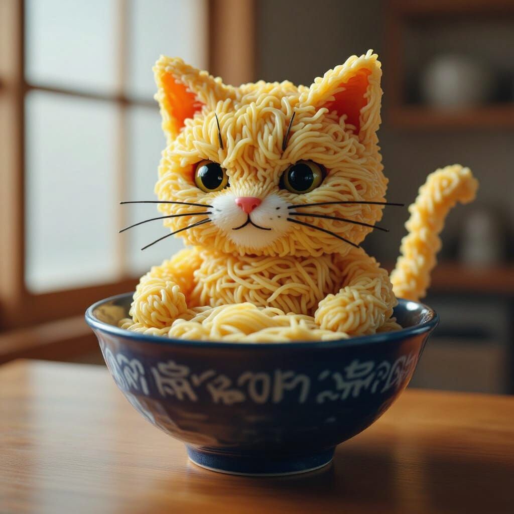 Adorable Ramen Noodle Cat with Cinematic Flair