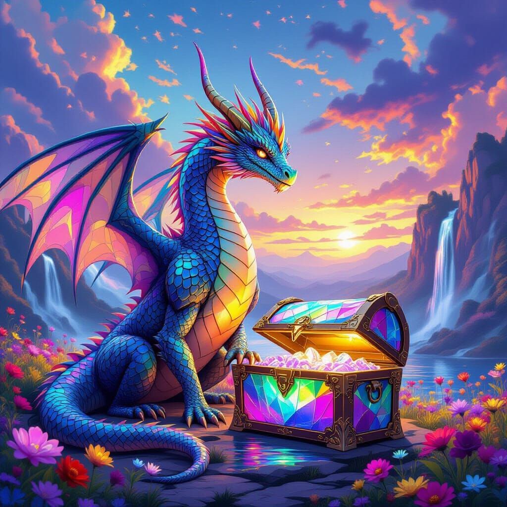 Rainbow Dragon Beside Crystal Chest: Fantasy Art