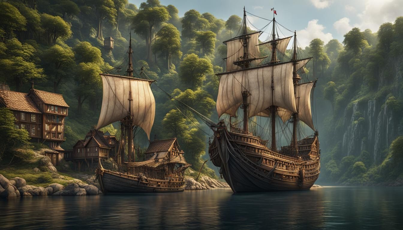 Medieval Ship and Village: Fantasy Concept Art