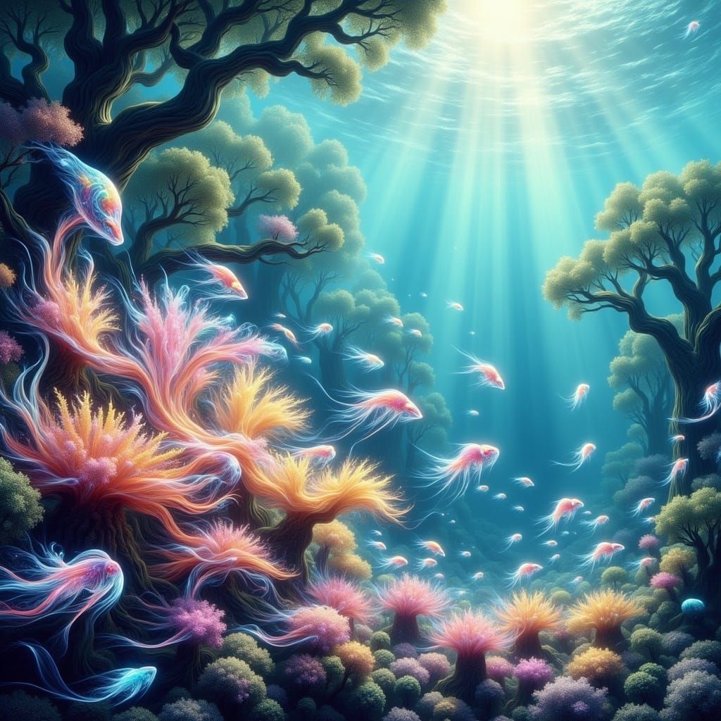 Radiant Light Coral Reef with Shimmering Fish