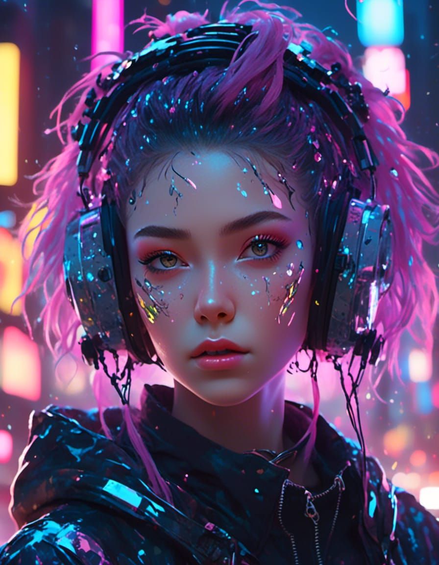 Holographic Punk Portrait in Neon Cityscape